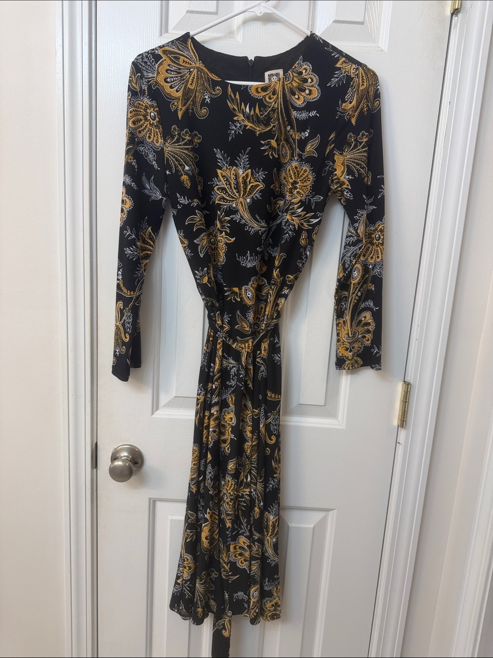 Anne Klein Black Dress with Gold Floral Print, Long Sleeves